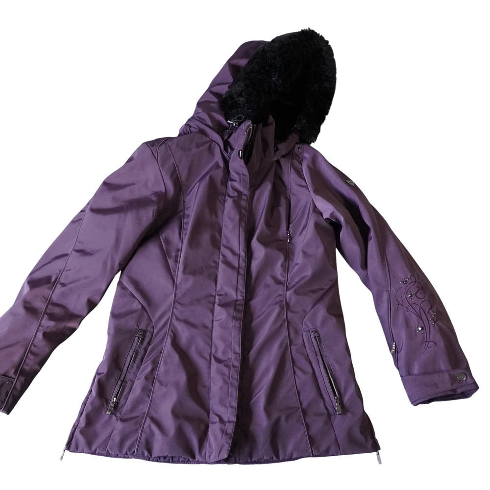 MeCo Women's Purple Faux Fur Hooded‎ Winter Parka Embellished Sleeve Size 8